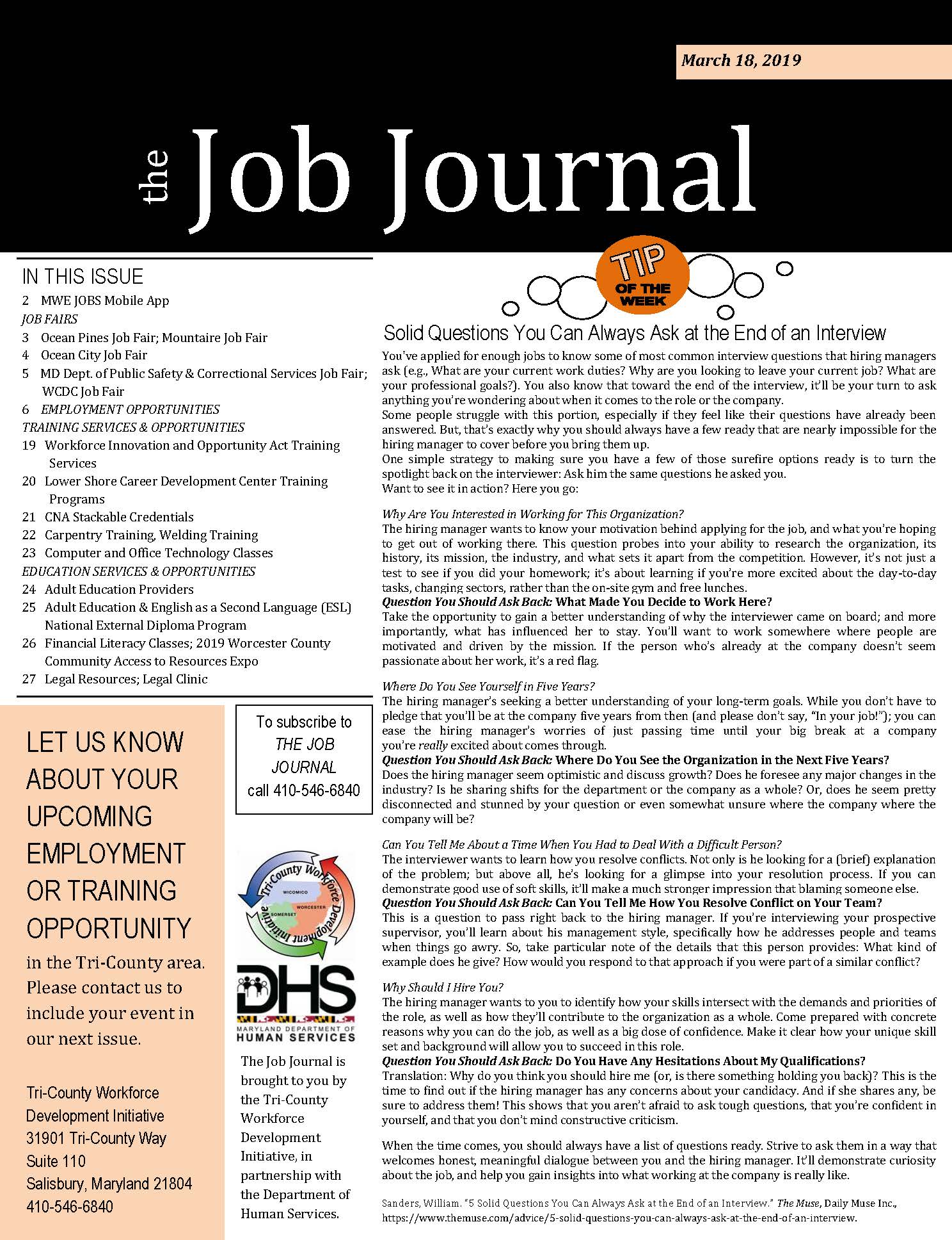 Cover page of The Job Journal for 03182019