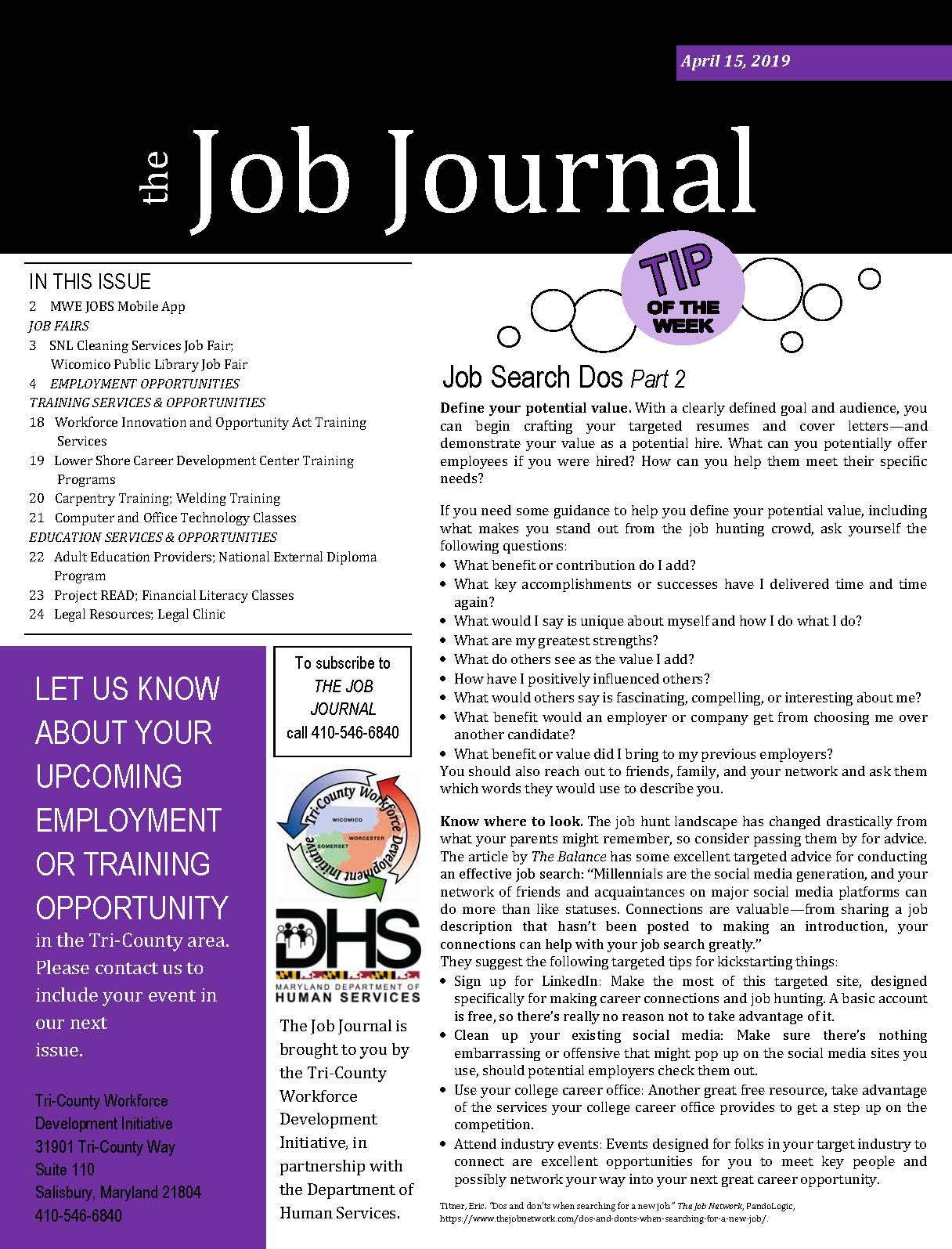 Front page of the April 15, 2019 Job Journal