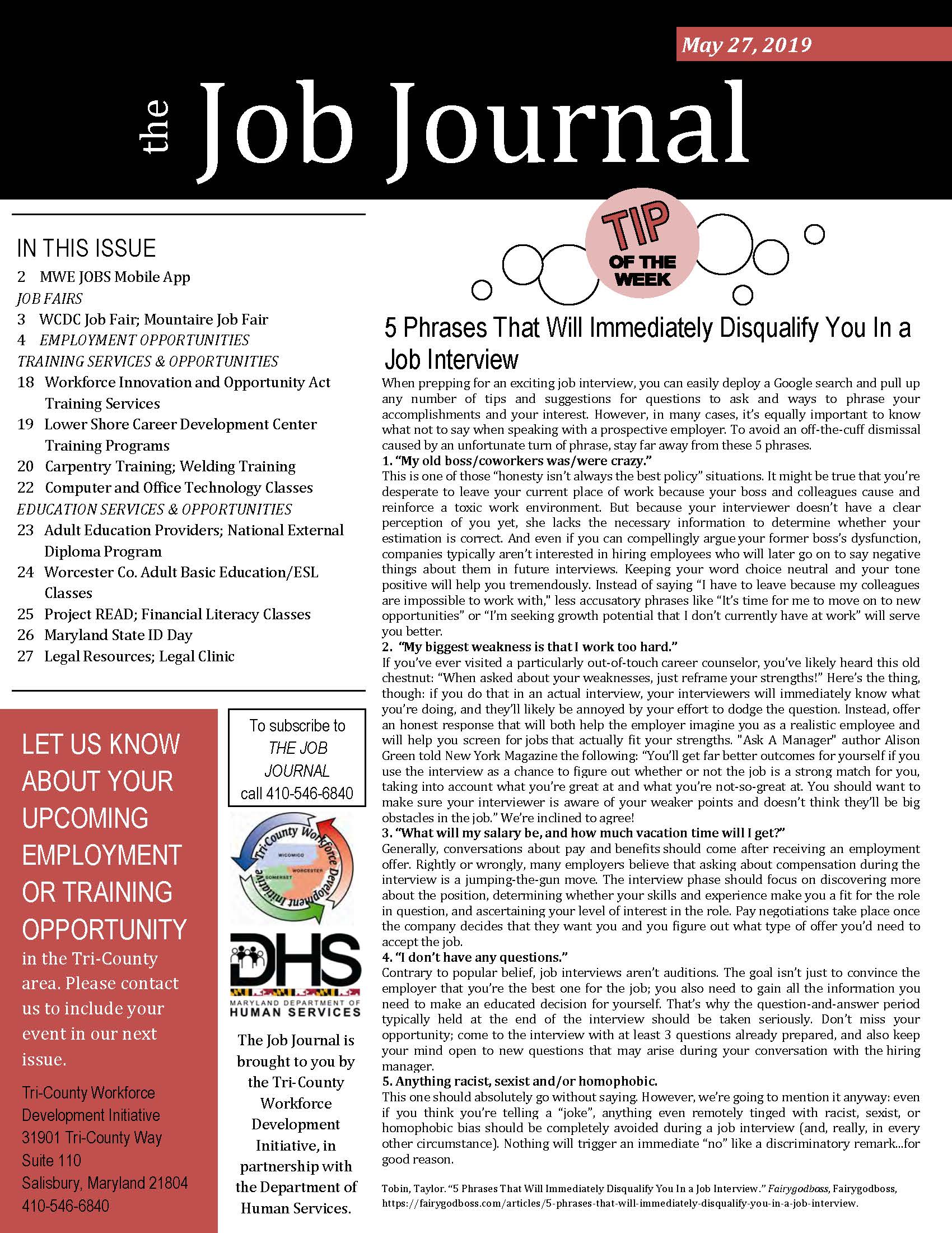 Cover page of The Job Journal for 05.27.2019