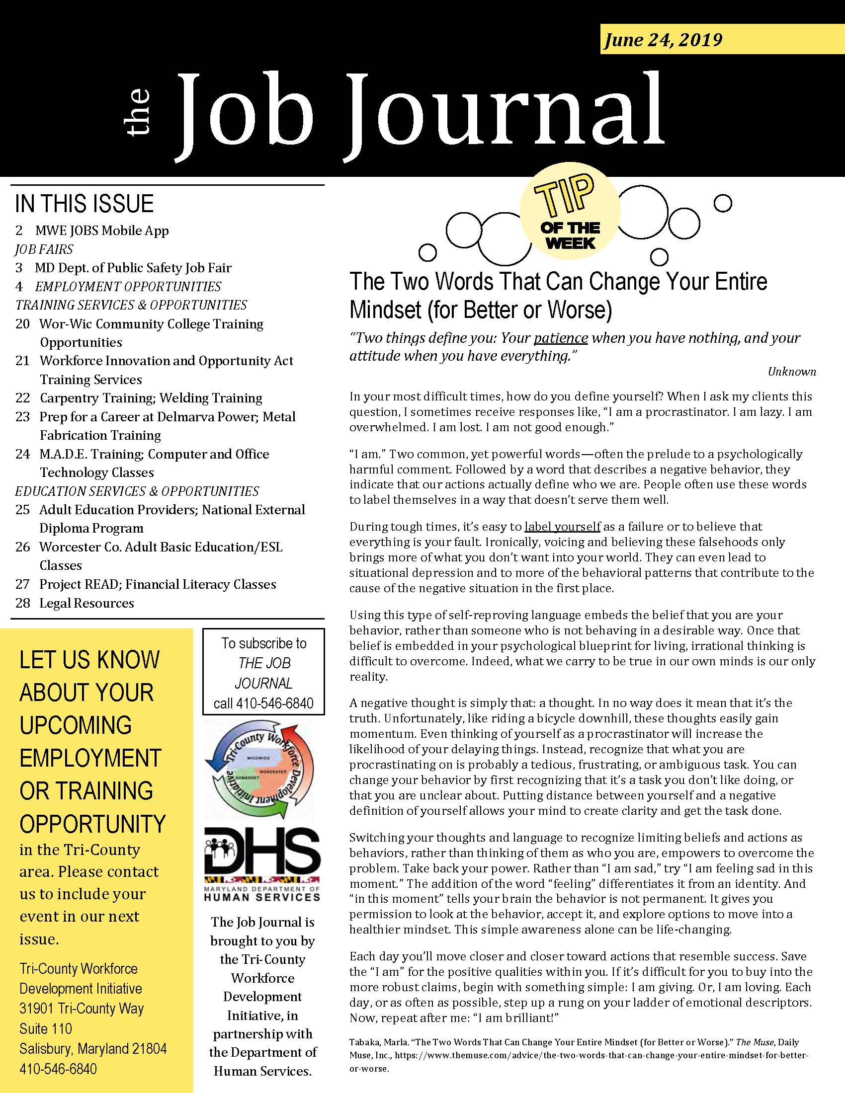 Cover page for the Job Journal 06.24.2019